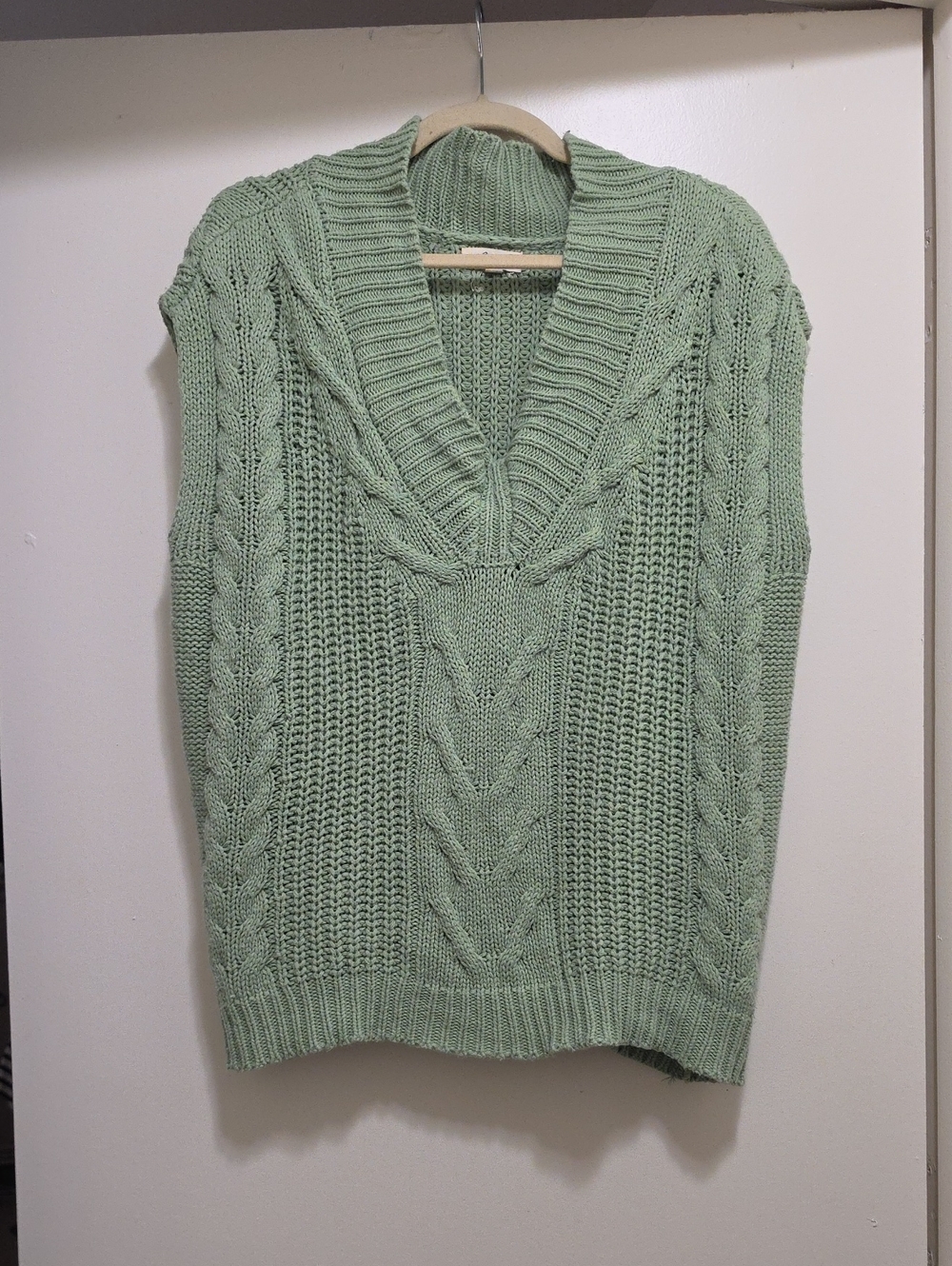 V-Neck Cable Knit Sweater Vest in Sage Green